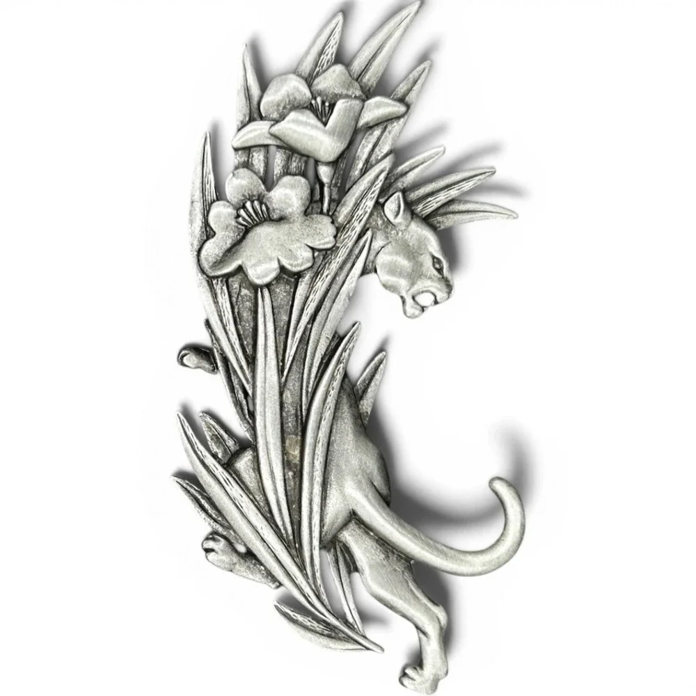Vintage JJ Jonette Jewelry Leopard/Panther Big Cat Flowers Bronze Tone Brooch